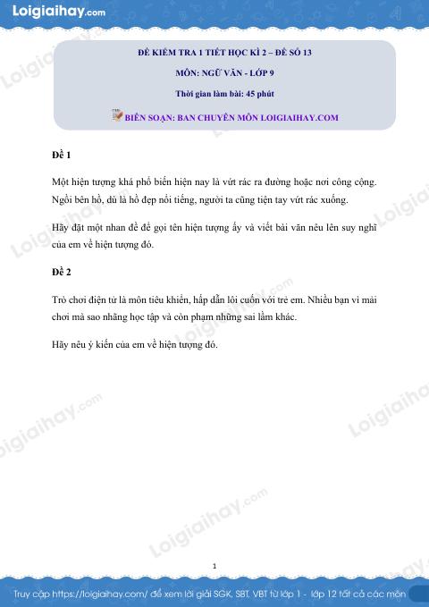 Đề kiểm tra 1 tiết Văn 9 - Đề số 13